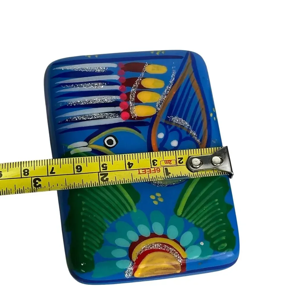 Hand Painted MEXICAN FOLK ART Blue Bird Terra Cotta Trinket Box